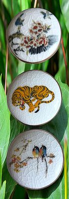 A SMALL CARD OF DIVISION THREE SATSUMA BUTTONS. 3 Extra large 21st century examples with animal 