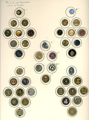 A CARD OF DIVISION 1 & 3 HEAD BUTTONS. 42 Small mostly 19th century assorted examples. From the 