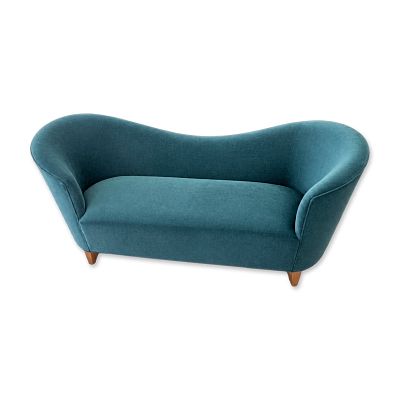 Mid-Century Modern Teal Velvet Curved Settee. Mid-century modern style settee upholstered in 
