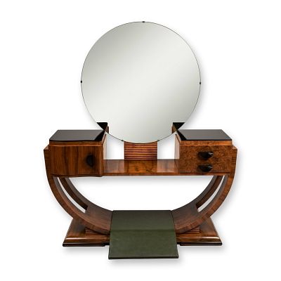 Art Deco Burr Walnut Dressing Table/ Vanity with Circular Mirror, From the Estate of Don Knotts. 
