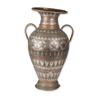 Large Mamluk Style Mixed Metal Two Handled Copper Amphora Vase. The elongated ovoid body is 