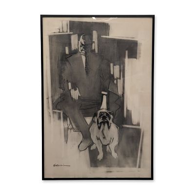 Eugene Massin (American 1920-2003) Charcoal Drawing on Paper, Figure with Bulldog, Signed. Eugene 