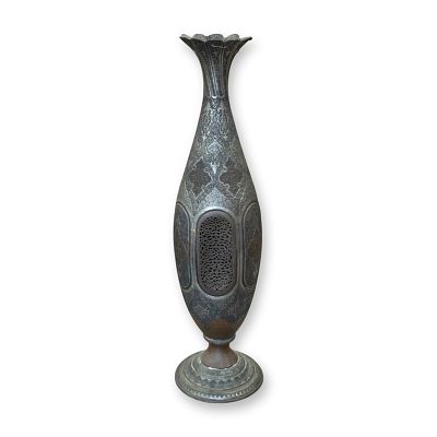 Large Indo-Persian Tinned Copper Pierced and Engraved Floor Vase. Late 19th or early 20th 