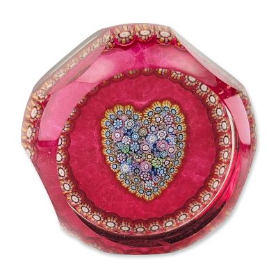 Perthshire Paperweights Millefiori Heart Faceted Cranberry Glass Paperweight. Perthshire 