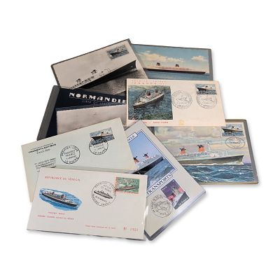 9pc SS France and SS Normandie Maritime Ephemera. Collection of maritime philatelic and postal 
