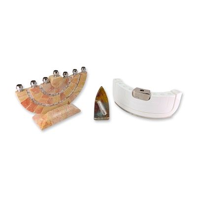 3pc Judaica Mi Polin and Stone Menorahs and Art Glass Mezuzah. Contemporary Judaica lot 