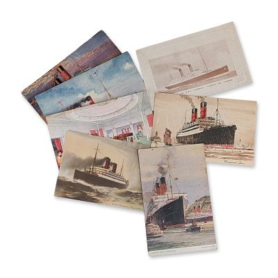 7pc Cunard Line RMS Carmania and Caronia Postcards and Ephemera. Collection of early 