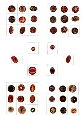 A CARD OF DIVISION ONE CHARMSTRING GLASS BUTTONS. 42 Small 19th C. assorted styles specialized 