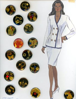 A CARD OF DIVISION THREE "JUNQUE" BUTTONS. 17 Large 20th century examples under plastic in 