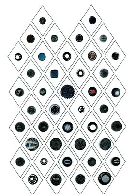 A CARD OF DIVISION ONE ASSORTED BLACK GLASS BUTTONS. 42 Small 19th century examples including 