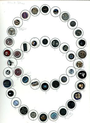 A CARD OF DIVISION ONE ASSORTED BLACK GLASS BUTTONS. 42 Small 19th century examples including 