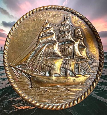 A DIVISION ONE BRASS PICTORIAL BUTTON. 1 Extra large 19th century sailing vessel example. This 