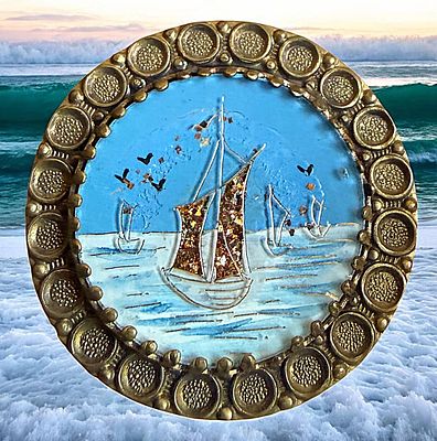 A DIVISION ONE UNDER GLASS PICTORIAL BUTTON. 1 Large medium 19th C. reverse painted sailing 