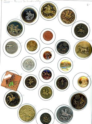 A CARD OF DIVISION ONE AND THREE PICTORIAL BUTTONS. 24 Medium/Large 19th/20th C. examples 