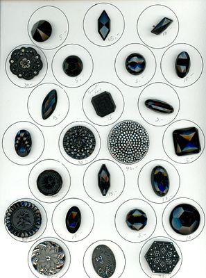 A CARD OF DIVISION ONE BLACK GLASS BUTTONS. 24 Medium/Large 19th C. assorted examples including 