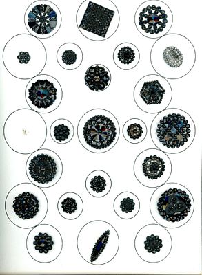 A CARD OF DIVISION ONE SPECIALIZED BLACK GLASS BUTTONS. 24 S/M/L 19th century glued/riveted 