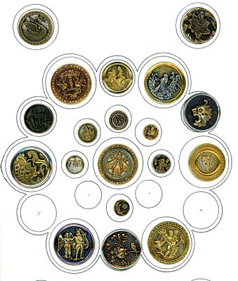 A CARD OF DIVISION ONE SCREEN BACKGROUND BUTTONS. 19 S/M/L 19th assorted pictorial metal 