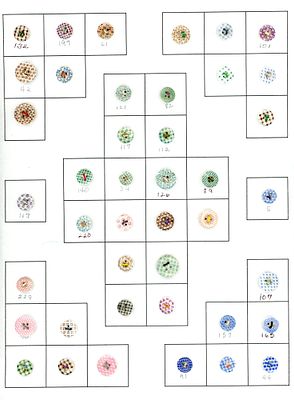 A CARD OF DIVISION ONE CHINA CALICO BUTTONS. 42 Small late 19th century examples in various 