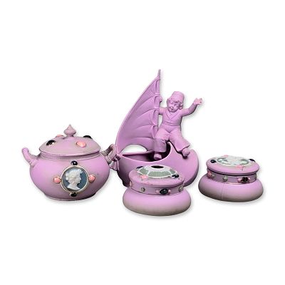 4pc German Shafer & Vater Vanity Set with Applied Jewels and Cameos. A set of lavender-pink 