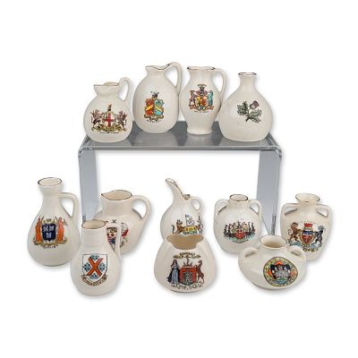 12pc British and Irish Crested Porcelain Souvenir Ware. A collection of eleven miniature 