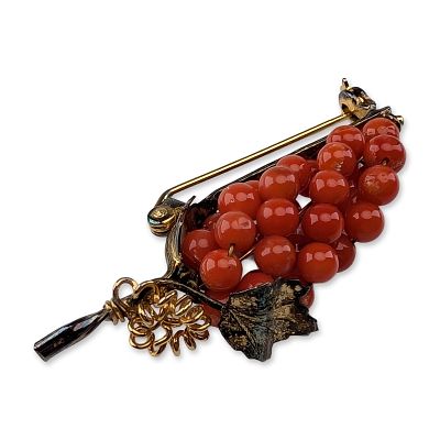 Vintage Coral and Gold-Plated 800 Silver Grape Brooch. Vintage continental European grape 