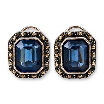 Pair of Art Deco Style Blue Stone and Marcasite Sterling Silver Earrings. Art Deco style pair of 