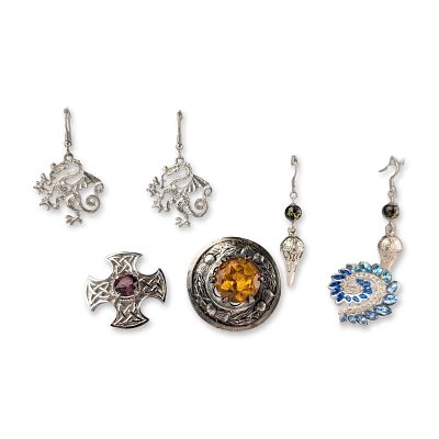 5pc CJ Scotland and Celtic Style Silver Tone Costume Jewelry Brooches and Earrings. A collection 