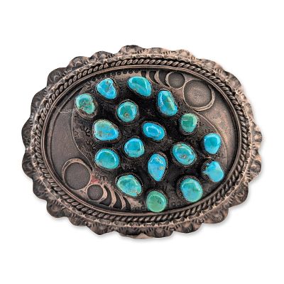 Navajo Style Sterling Silver Turquoise Cluster Belt Buckle. Southwestern style belt buckle in 