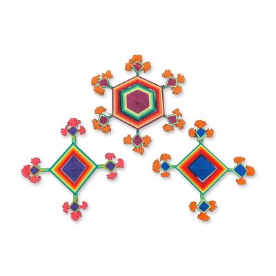 3pc Huichol Mexican Yarn Ojos de Dios. Huichol (Wixarika) folk art trio of Ojos de Dios, or Gods 