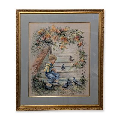 Kaethe Hoeltzell (American 1925-2013) Pastel on Paper, Boy Feeding Pigeons, Signed. Impressionist 