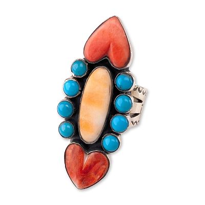 Southwestern Navajo Sterling Silver Spiny Oyster and Turquoise Cluster Ring. Southwestern 
