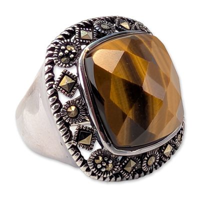 Sterling Silver Tiger's Eye Ring. Thai sterling silver cocktail ring featuring a large square 