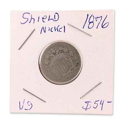 1876 US Shield Nickel Five Cents Coin. US Philadelphia Mint 1876 Shield Nickel, No Rays variety 
