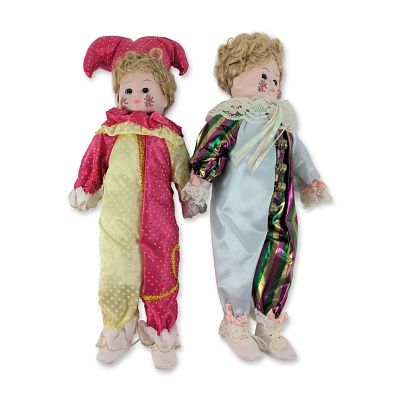 2pct Vintage Harlequin and Jester Porcelain Dolls. Pair of vintage harlequin and jester-style 