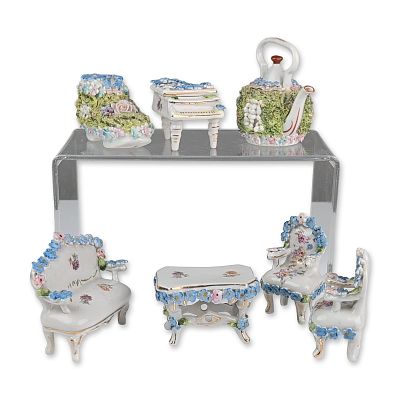 Elfenbeine Germany Porcelain Floral Encrusted Miniature Furniture Set. A collection of seven 