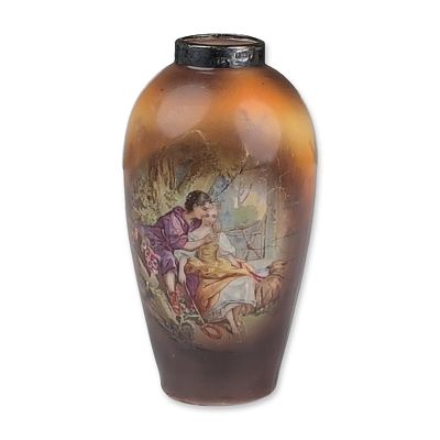 Silver Mounted Porcelain Courting Couple Perfume Bottle. Porcelain perfume bottle featuring a 