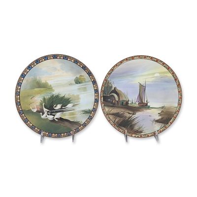 2pc Nippon Morimura Brothers Hand Painted Porcelain Wall Plates. A pair of Nippon porcelain wall 