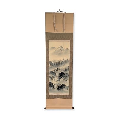 Setsuso Japanese Landscape Ink Wash Hanging Scroll. Japanese hanging scroll featuring a 