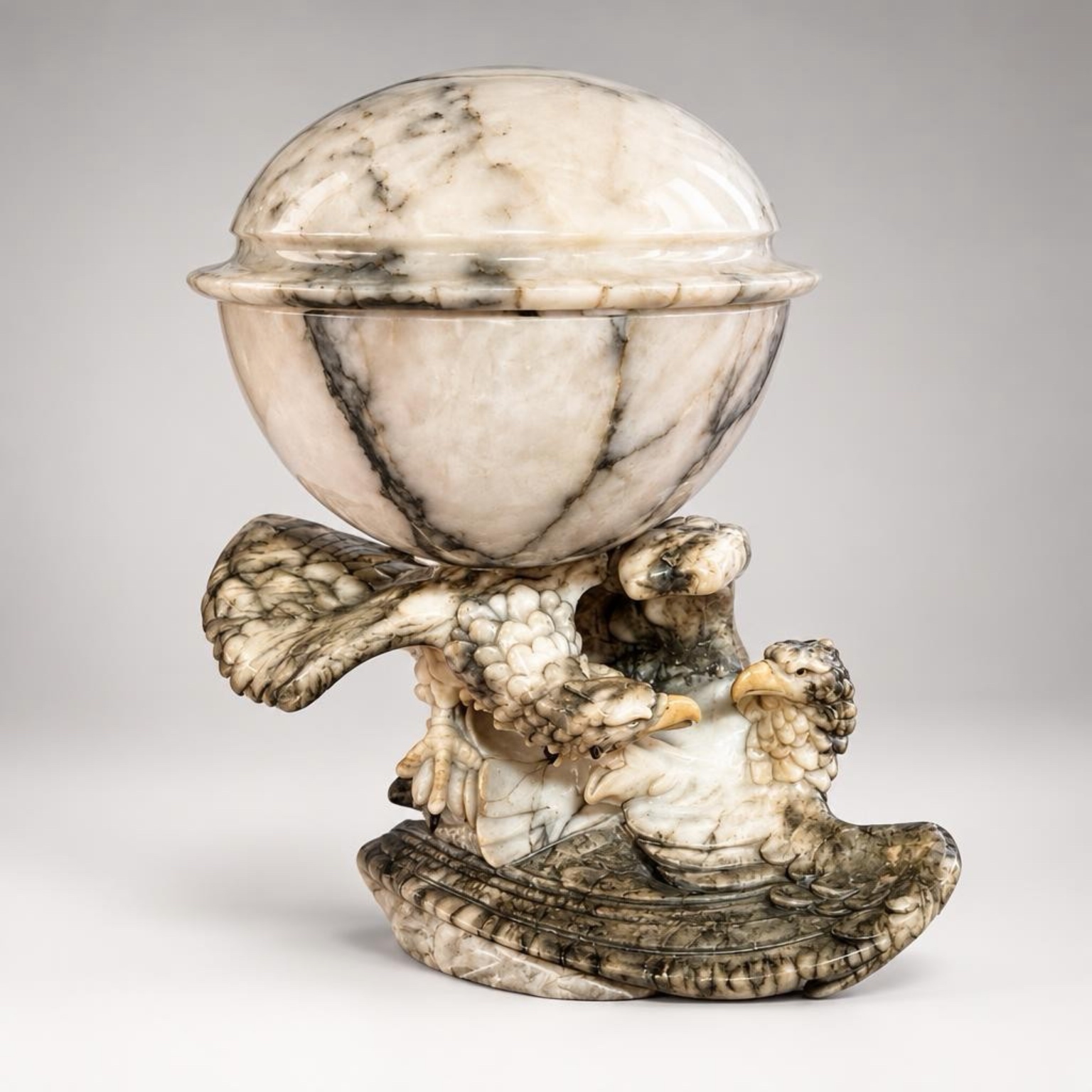 Italian Large Carved Alabaster Lamp Modelled with Two Eagles, Late 19th Century