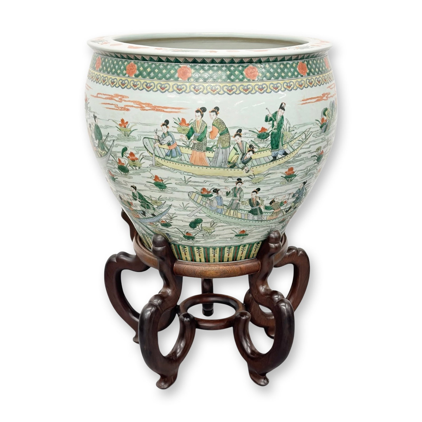 Large Chinese Famille Verte Porcelain Fish Bowl with Wooden Stand, Figures in Boats Design