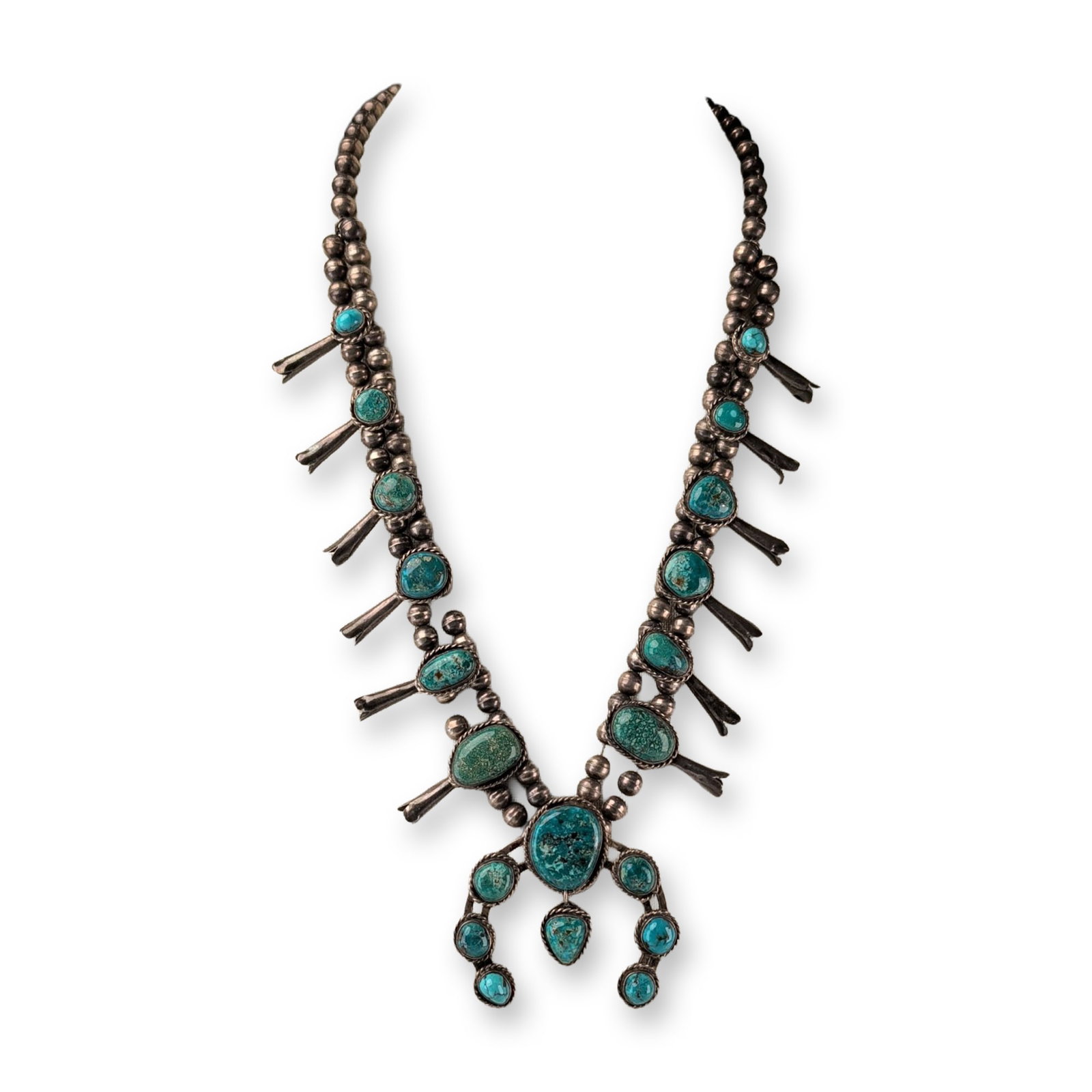 Southwestern Turquoise and Sterling Silver Squash Blossom Necklace
