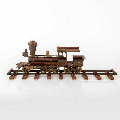 Brass Model Steam Locomotive Train with Rail. The decorative locomotive features painted brass 