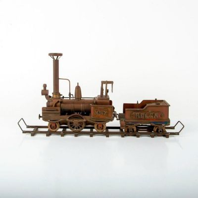 Brass and Copper Model Locomotive Train with Tender and Rail. The locomotive features painted 