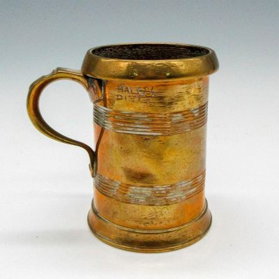 Mid-19th Century Brass Half Pint Mug. Hammered mug has detailed ribbing and applied handle. 