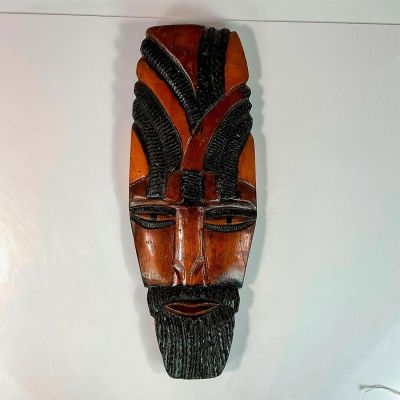 African Hand Carved Wooden Tribal Wall Mask. Carving of a bearded man with traditional 