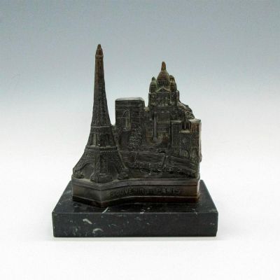 Paris Bronze Souvenir Sculpture. Detailed skyline of Paris including Eiffel Tower, set on stone 