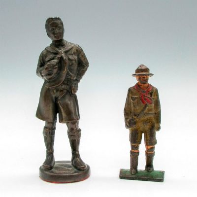 2pc Metal Boy Scout Figurines. Bronze figural boy in scout traditional outfit. Small metal scout 