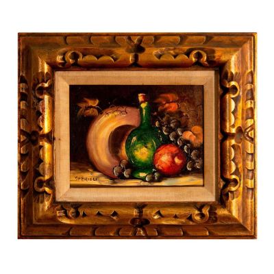 Vintage Artist Signed Sterioli Oil Painting on Canvas. Still life with fruits and a bottle. 