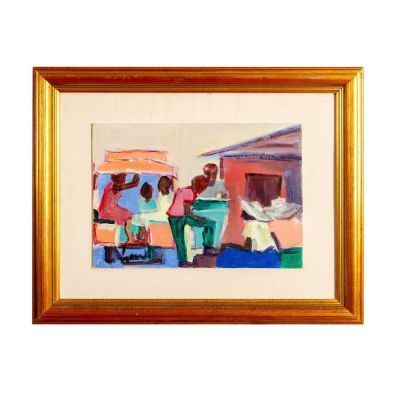 Abstracted Island Figural Scene, Original Painting, Signed. Abstracted sketch of interacting 