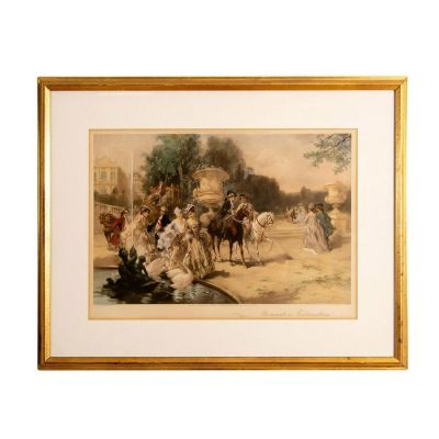 Vicente Paredes (Spanish, 1845-1903), Fontainebleau. Color lithograph of a group noblemen and 